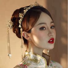 結婚頭飾中式新娘發飾旗袍秀禾服配飾金色鳳冠流蘇步搖發釵發簪套