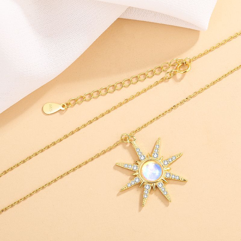 3g Weight 925 Sterling Silver Pendant Material 925 Sterling Silver Moonstone Cable Chain Plating Eight Awn Star Pendant Necklace