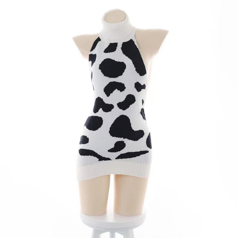 Cow Maid Knit Sweater Costume Set with Socks and Ears, Backless Open-Knit Design — detail image 13