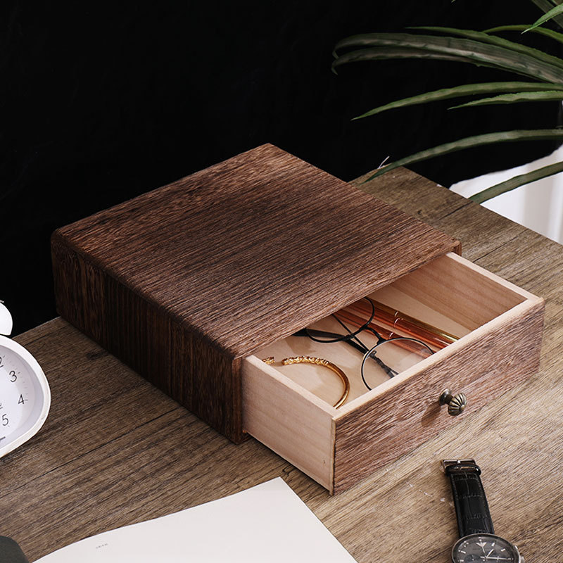 复古木制小号抽屉式空白收纳盒 桌面证件储物盒小摆件长方形木盒