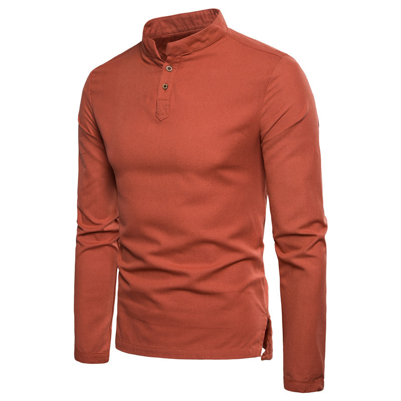 Camisa de los hombres media tapeta camisa de cuello alto otoño algodón Lino camisa de los hombres color sólido manga larga más tamaño 2023 nuevo