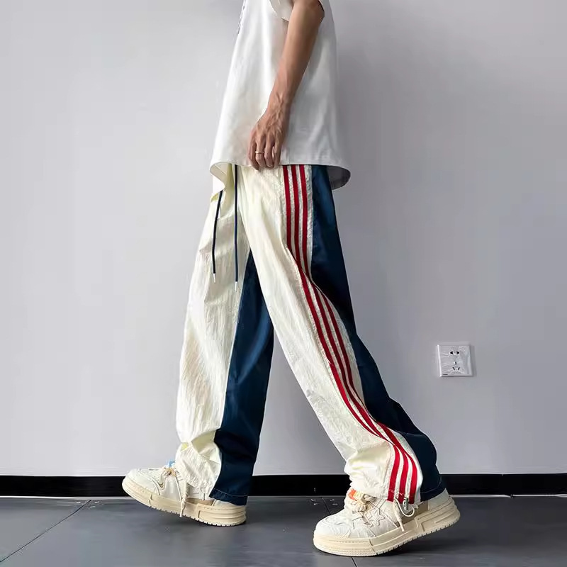 Ice Silk Quick-drying Three-bar Pants Men's Summer American-style Design Sense Niche Color-matching Straight Loose Casual Sports Pants Ice Silk Quick-drying Three-bar Pants Men's Summer American-style Design Sense Niche Color-matching Straight Loose Casual Sports Pants