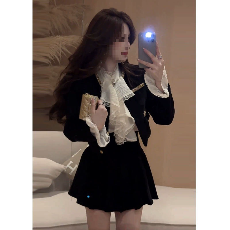 Высокое качество темперамент небольшой ароматный набор осень-зима новый чеболь тысяча золотых пальто рубашка с рюшами Короткая юбка из трех частей