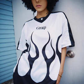 STA2024夏季好运来火焰印花网眼球衣透气运动宽松短袖T恤男女夏