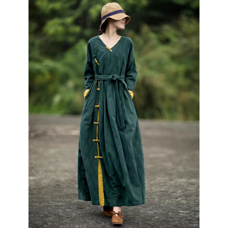 Ethnic Style Cotton and Linen Contrasting Color Long-Sleeved Dress for Women in Autum New Style Literary Retro Slimming Look Waist Slimming Look Long Skirt Ethnic Style Cotton and Linen Contrasting Color Long-Sleeved Dress for Women in Autum New Style Literary Retro Slimming Look Waist Slimming Look Long Skirt