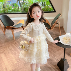 女童小香風連衣裙春秋款2024新款兒童小女孩洋氣春裝公主蛋糕裙子