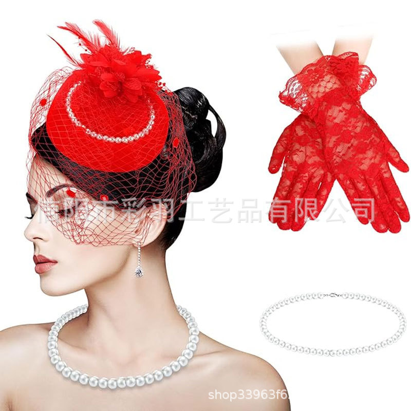 Amazon's best-selling cross-border feather mesh hat, headpiece, accessories, gloves, necklace set, suitable for horse racing events and bridal wear