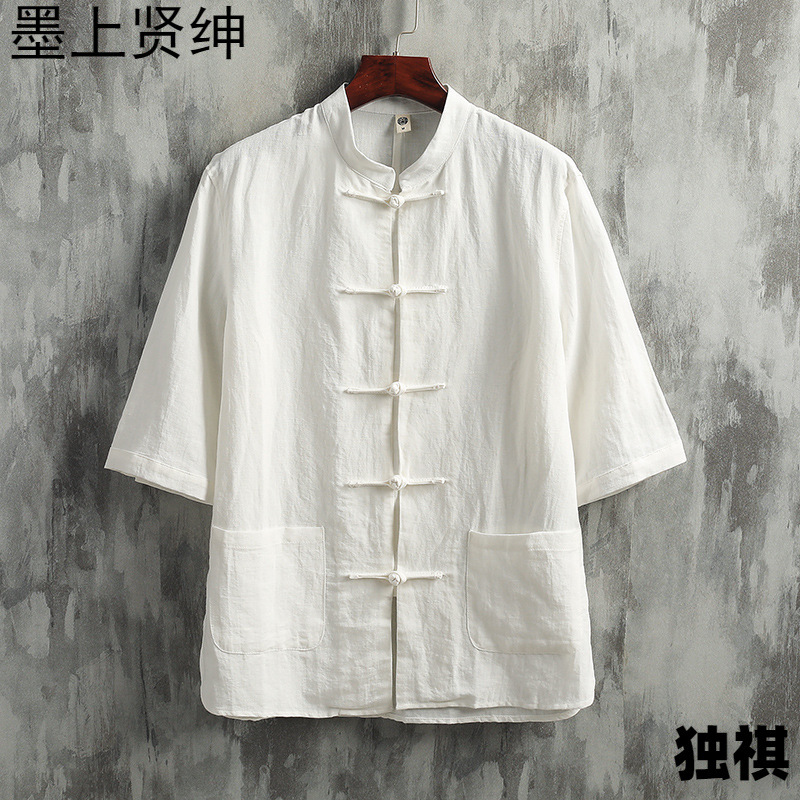 Camisa de lino de cuello alto chino de estilo chino de manga corta para hombre nuevo traje chino Tang estilo retro camisa de algodón y lino Zhongshan top