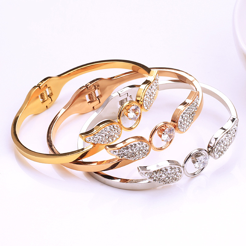 40g Weight Zircon Inlay Material Bangle Classification 1 Piece Quantity Elegant Angel Wings Titanium Steel Inlay Zircon Bangle