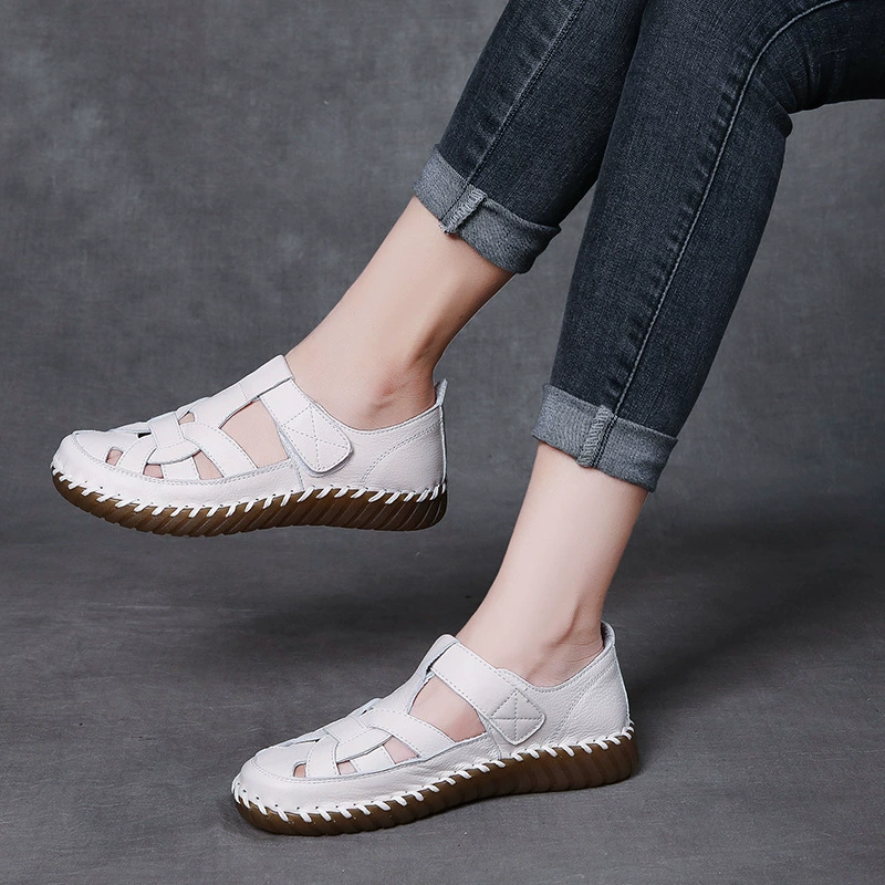 2024 Новая летняя пляжная обувь, сшитая вручную женская обувь первого слоя из воловьей кожи, полая обувь с мягкой подошвой, натуральная кожа, обувь для беременных