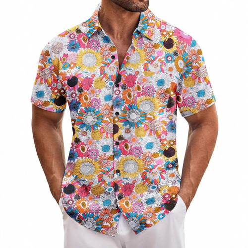 Summer 3D printed short-sleeved flower shirt, men's retro Hawaiian beach casual loose men's large size shirt