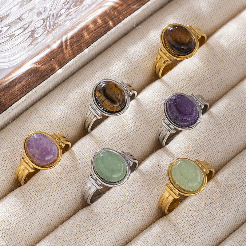5g Weight PVD Coated Gold Plating Process 18K Real Gold Plated Plating Material Natural Stone, Green Aventurine, Tiger Eye Inlay Material Open Rings Classification PVD Coated Real Gold Plated Geometric Titanium Steel Vintage Style Waterproof Non Tarnish Open Rings