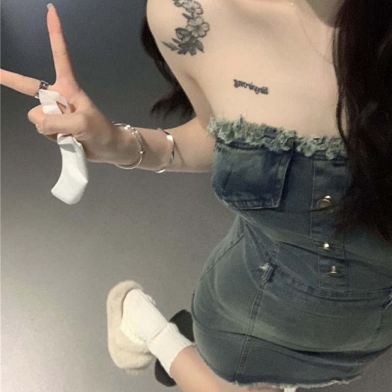 루즈 데님 원피스 여성 봄 달콤한 쿨 스타일 레트로 슬림 핏 스트랩리스 스커트 프라이드 스트리트 힙합 스커트 오프 숄더