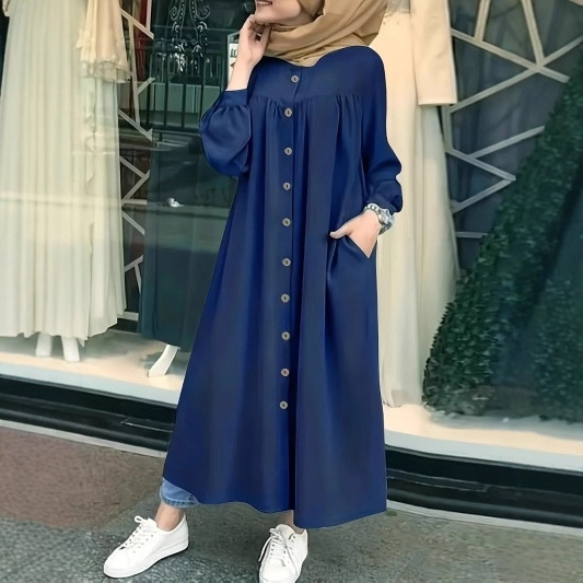 2025 Autumn Ethnic Style Dress Women's Cardigan Long Sleeve Stand Collar Flared Dress Cross-Border Supply