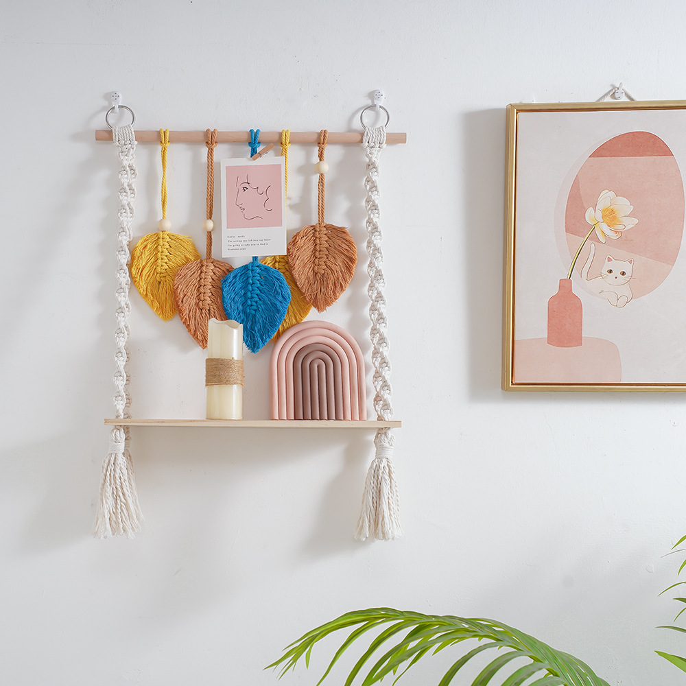 北歐風家居牆面裝飾手工編織掛毯置物架 彩色樹葉編織壁掛跨境