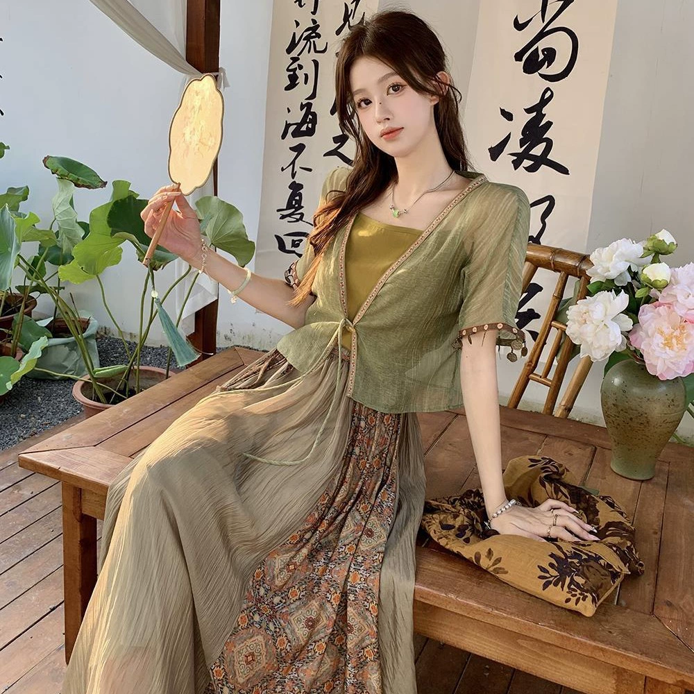 9633 Новый блуждающий китайский стиль колокольчики улучшенные китайские элементы топ в национальном стиле Повседневная юбка для девочек костюм в этническом стиле