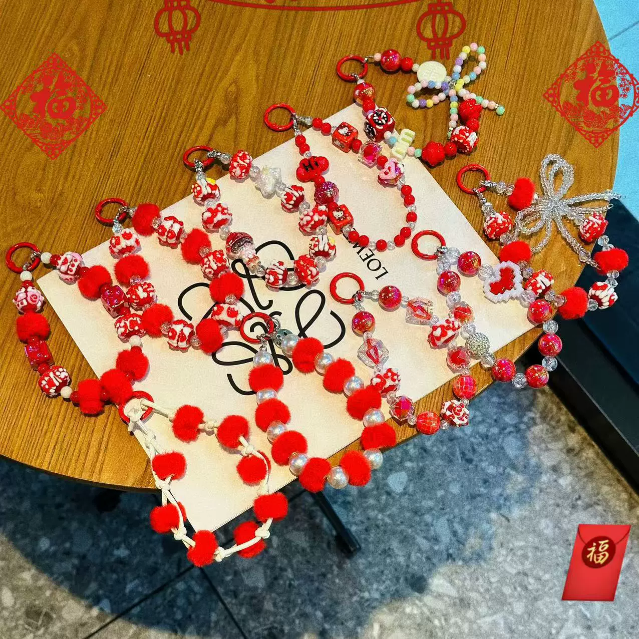 新款红色系列串珠手机挂件包包钥匙扣挂饰喜庆红色新年小礼品批发