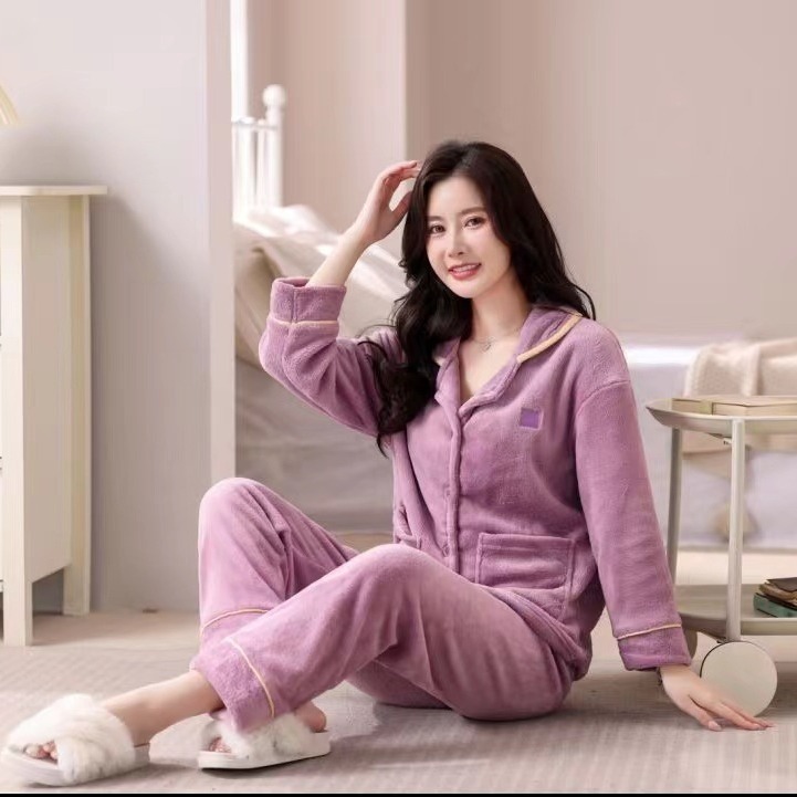 Pijamas de mujeres otoño y invierno nuevos botones de franela ropa de casa set cardigan bordado vestido exterior pijamas sueltos collar