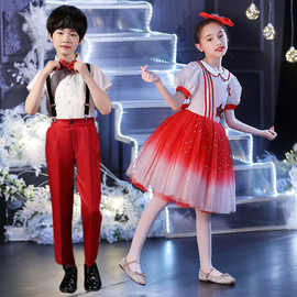 十一国庆中小学生合唱演出服男女童爱国爱党红歌朗诵纱裙表演服装