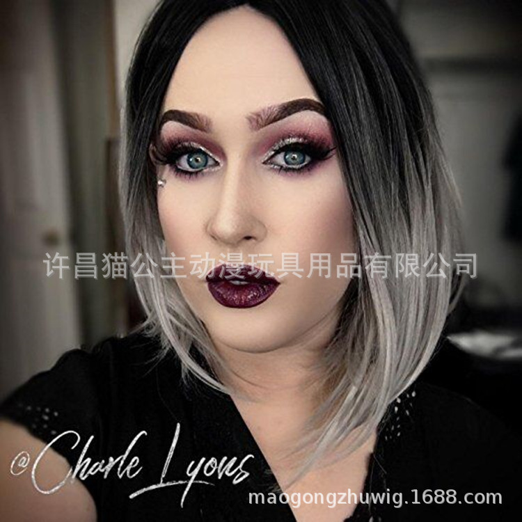 歐美女bobo頭女短頭套染色漸變灰色仿真頭皮中分cosplay假發頭套