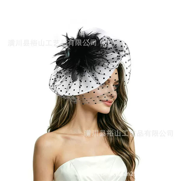 Bride's Vintage Feather Headpiece, Mysterious Veil Hair Accessory, British Style, for Socialite Parties, Balls, and Runway Shows
