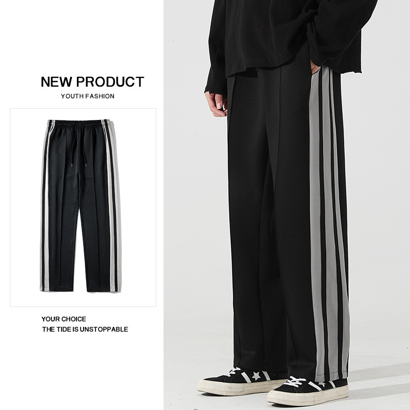 2026 Men's Casual Pants Korean Style Loose Straight-Leg Spring and Autumn Trendy Sports Pants Versatile Three-Stripe Long Pants
