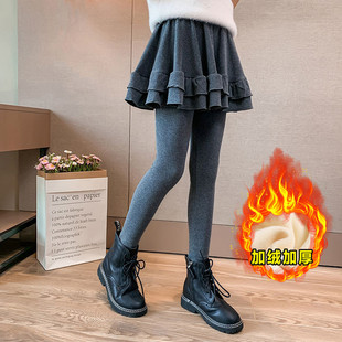 Girls' Fleece-Lined Skirt Pants Autumn and Winter New Children's Thickened Integrated Fleece Leggings for Outerwear Baby Faux Two-Piece Pants