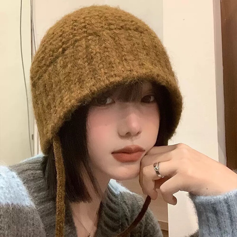 秋冬百搭渔夫帽子女韩系棕色毛线帽美拉德风保暖护耳针织帽子韩版|undefined