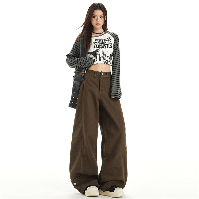 Mocha Brown Wide-Leg Non-Elastic High-Waisted Ins-Style Jeans for Women, New Autumn Style, Lazy, Fashionable, Loose and Versatile