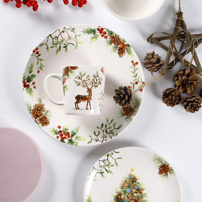 OMK European-style Christmas plate creative ceramic steak pasta plate household underglaze color plate Bowl suit gift