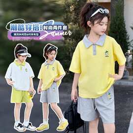 女童领卫衣时髦两件套短袖夏装中大童韩系拼色运动风夏季裤套装潮