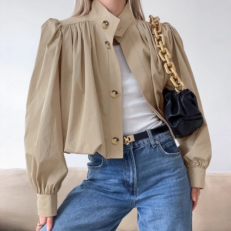 2026 Autumn New Cross-Border Design Pleated Loose Stand Collar Puff Sleeve Khaki Trench Coat Women's Short Style