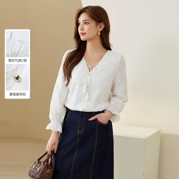 Блэк-шоу большой размер женской одежды французского элегантного темперамента шикарная вышивка минус возраст, дикая рубашка жирная mm2024 осень новый