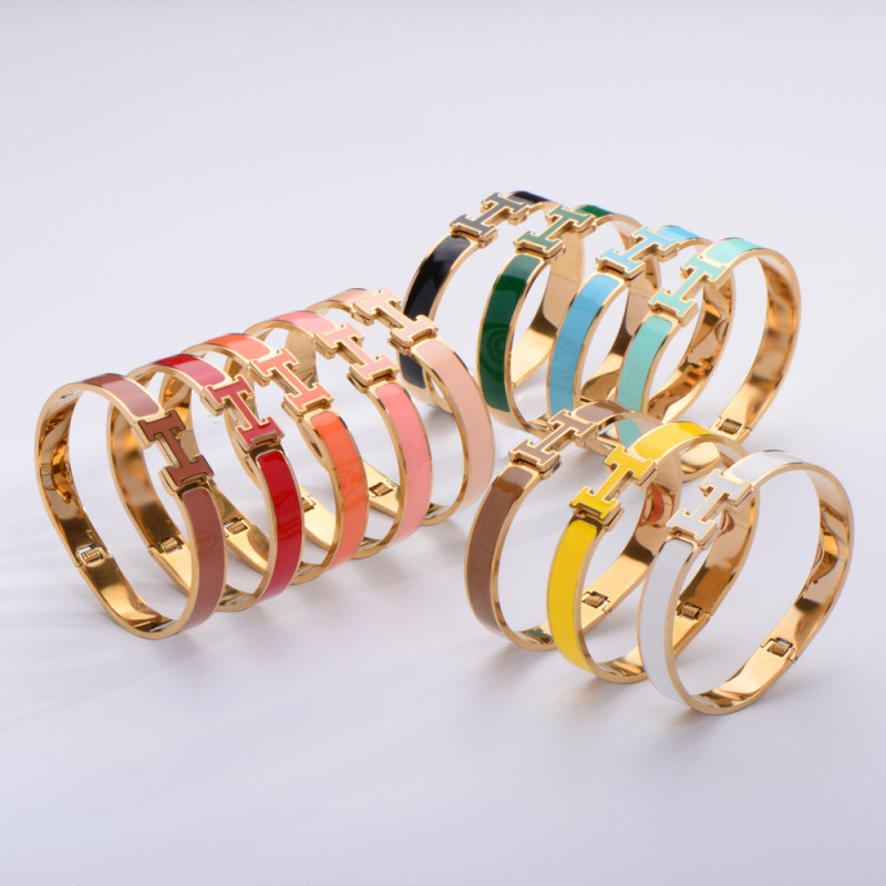 欧美潮流字母H宽窄版手镯子不锈钢镀18K金gold bangles wholesale|undefined