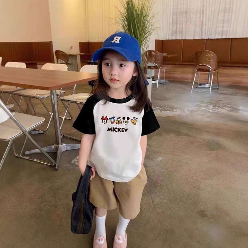 Cotton Short-sleeved T-shirt for Boys and Girls 2025 Summer New Children's Mickey Mouse Top Contrast Color Thin Base Shirt