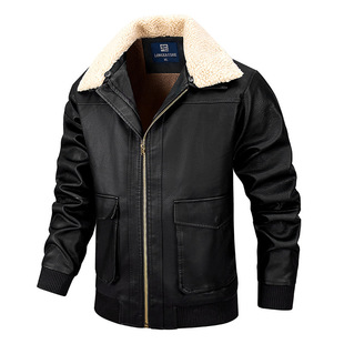 Cross-border Men's Winter fleece-lined Lapel Leather Jacket Youth Men's American Motorcycle Leather Jacket Coat Trendy PU