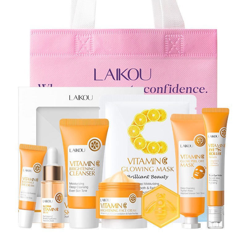 Transfronterizo LAIKOUFENYI Vitamina C serie combinación hidratación humectante productos de cuidado de la piel paquete de caja Inglés FDA productos de cuidado de la piel