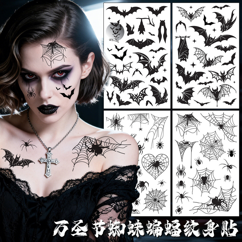 Cross-Border Amazon Best-Selling Halloween Spider Tattoo Stickers 3D Realistic Bat Spider Web Party Temporary Tattoo Stickers