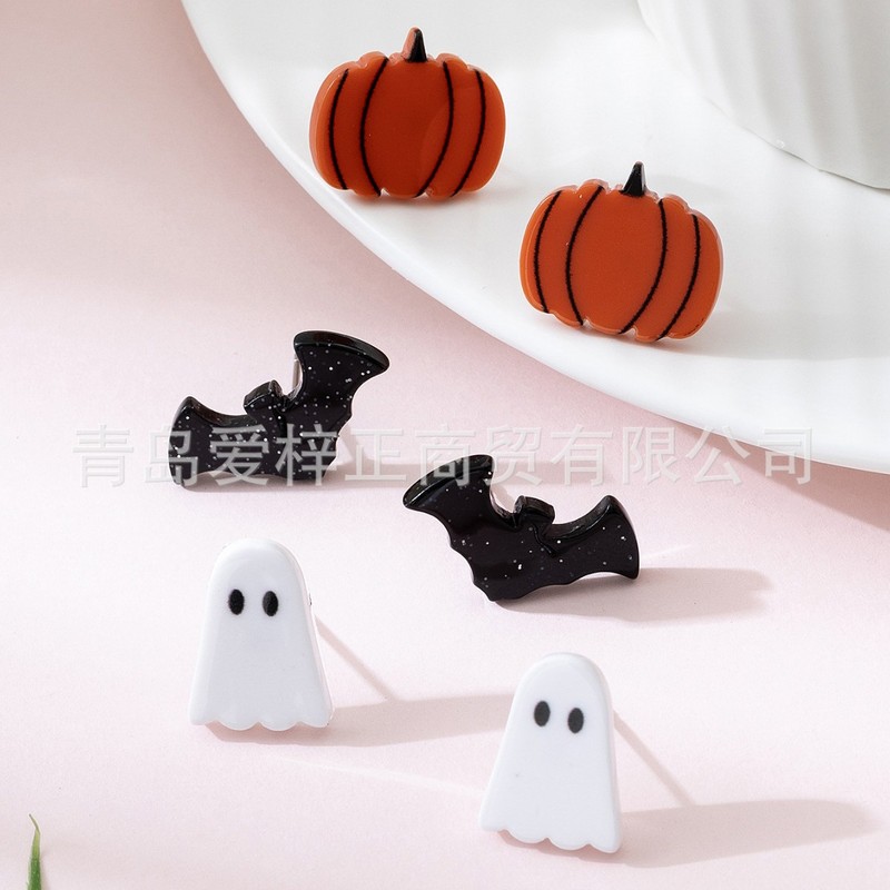クロスボーダー新アクリル 3 ペア/セットハロウィンゴーストバットカボチャデザインレディースイヤリングセット|undefined
