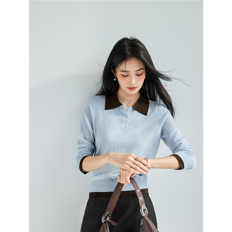 伊**撞色POLO领套头针织衫时髦上衣女2025秋季新款|undefined