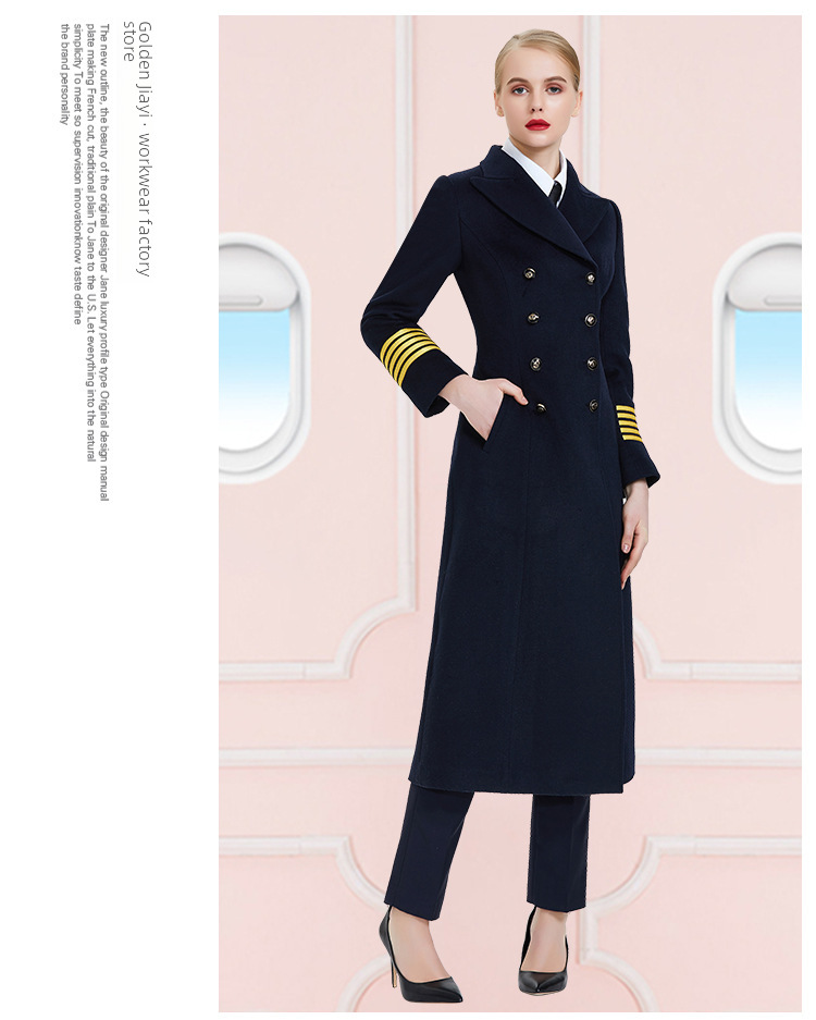 Stewardess-Mantel Damen Mittellanger Herbst- und Winter-Wollmantel für Flugkapitän/Pilot/Bodenabfertigung am Flughafen_voghion.com