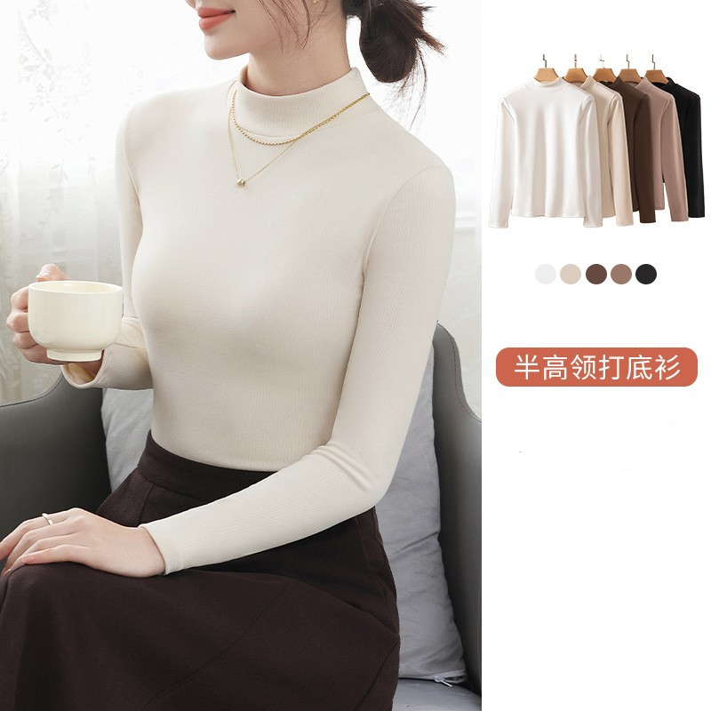 High Stretch Thread Fleece Half-High Collar Long-Sleeved Base Shirt Women's Autumn and Winter plus size Inner Slim-Fit Slim Warm Top