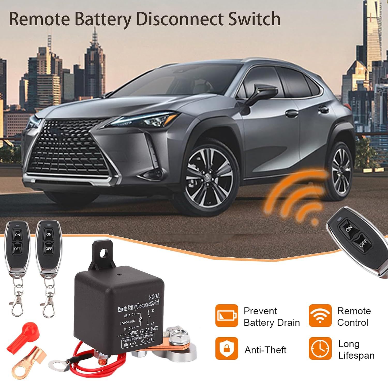 200A Automotive Relay with Remote Control 24V Start Power Protection Wireless Remote Control Power Cut-Off Switch