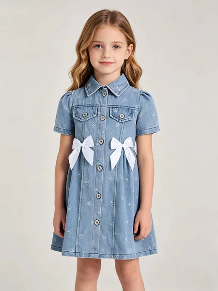 New summer collection of children’s clothing: girls’ short-sleeved, collared, jacquard-patterned denim cardigan dress, featuring a European and American fashion style