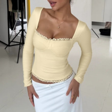 YL25290欧美风性感蕾丝长袖上衣2025秋季新款ins纯色百搭身上衣女