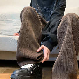 麦穗纹加绒加厚裤子男秋冬款美式垂感休闲长裤潮牌宽松直筒阔腿裤