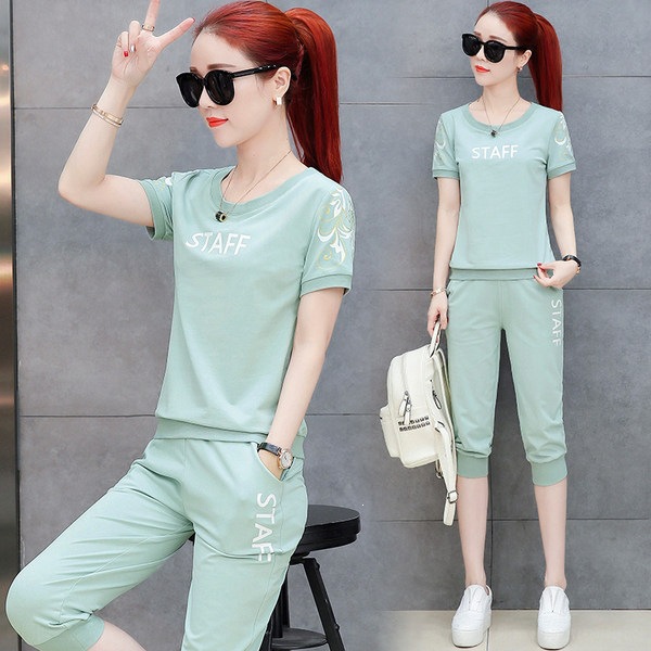 Women's Summer Sports Suit Set Stylish Casual Fashion Student Two Piece Outfit Short Sleeved Capri Pants New 2026_voghion.com