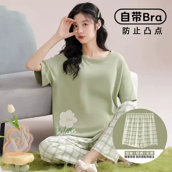 Top with cups, set, shorts, trousers, flowered, 3 piece set, with short sleeve