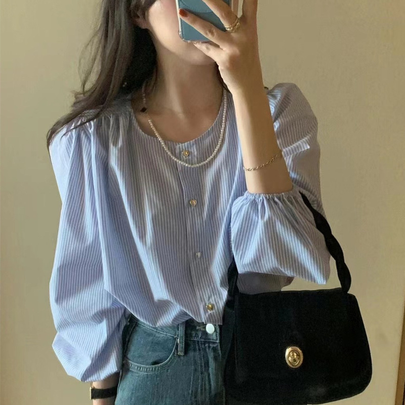 Spring and Autumn South Korea East Gate New Design Sense Niche Love Button Round Neck Long Sleeve Shirt for Women