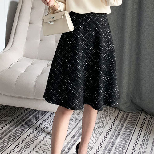 chanel style skirt for women's autumn and winter retro high waist black woolen plaid medium long umbrella skirt for children